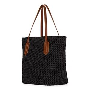 a.n.a Black Straw Tote Bag